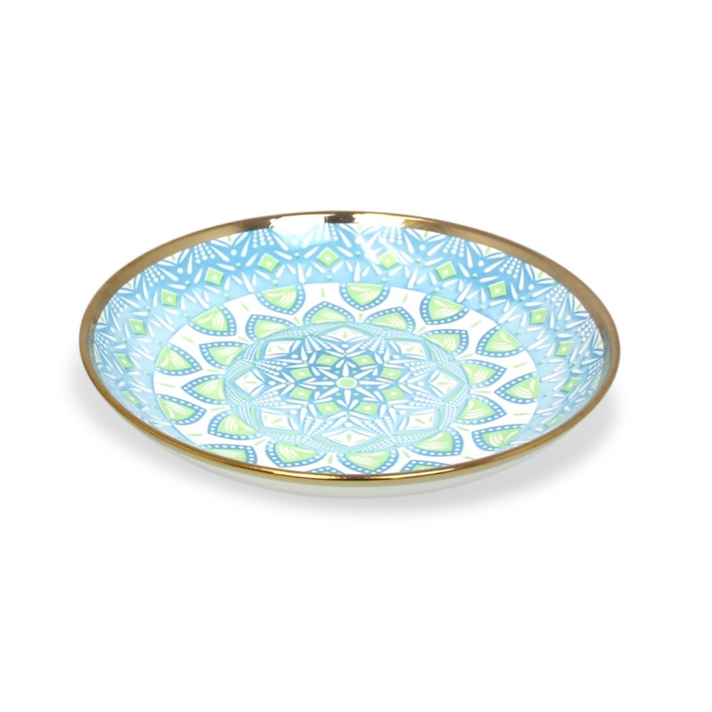 Decorative Blue and Green Plate with Gold Trim